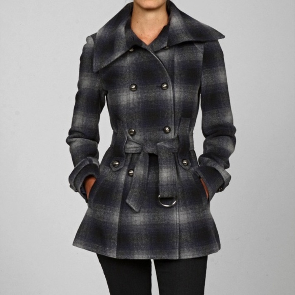 Miss Sixty Women's Blue Ombre Plaid Fold-over Coat